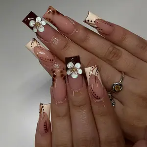 24pcs Clear Nude Nail Art Set, Caramel Leopard Print, Deep / French Tips, Textured Finish, Medium Square Nails, Fall/winter Style