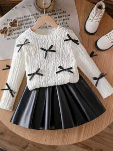 Girls' Spring & Fall Dress Set, Knitted Long Sleeve Top + PU Leather Pleated Skirt, Fashion Bow Design, Soft Breathable Fabric, Fashion Clothes Set