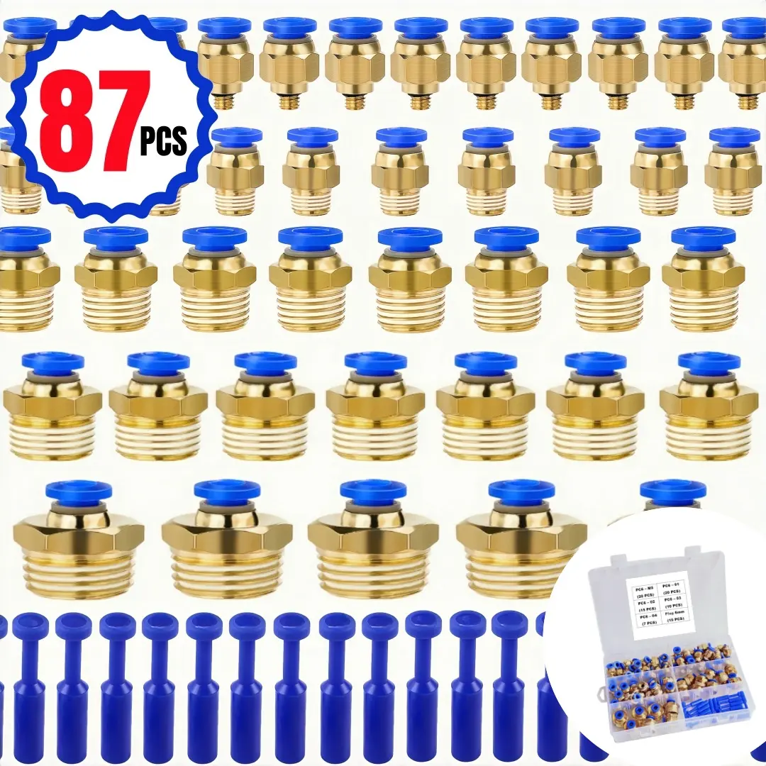 87-Piece Pneumatic Quick Connect Fittings Set, Pipe Connector Fitting, Includes 6mm-M5, 1/8, 1/4, 3/8, 1/2 Bsp Threads, High Pressure Leak-Proof Design, Pneumatic Quick Connectors