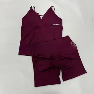 DFYNE Seamless Mix & Match Workout Set| Longline Plunge V-Neck Cami Top with Built-in Bra & Crossover V-Waist Gym Shorts Outfit