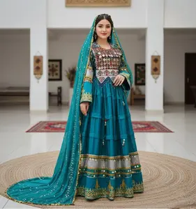 Royal Afghan Traditional Turquoise Blue Maxi Dress with Heavy Mirror Work Antique Coin Embellishments Multicolor Thread Embroidery & Golden Motif Sleeves Medium Size Full Dress Set