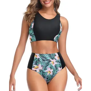 Tempt Me Two Piece Swimsuit for Women High Waisted Bikini Set Sporty Swimsuits Racerback Swim Top Bathing Suit with Full Coverage Bottom for Teen Girls Scoop Neck Swimsuits Athletic Swimwear with High Rise Bikini Bottom