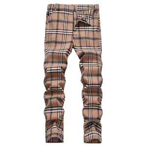 Men’s slim-fit plaid dress pants with an elastic cotton waistband and a straight cut; fashionable street style with pockets; suitable for casual business and golf; made from durable natural cotton fabric.