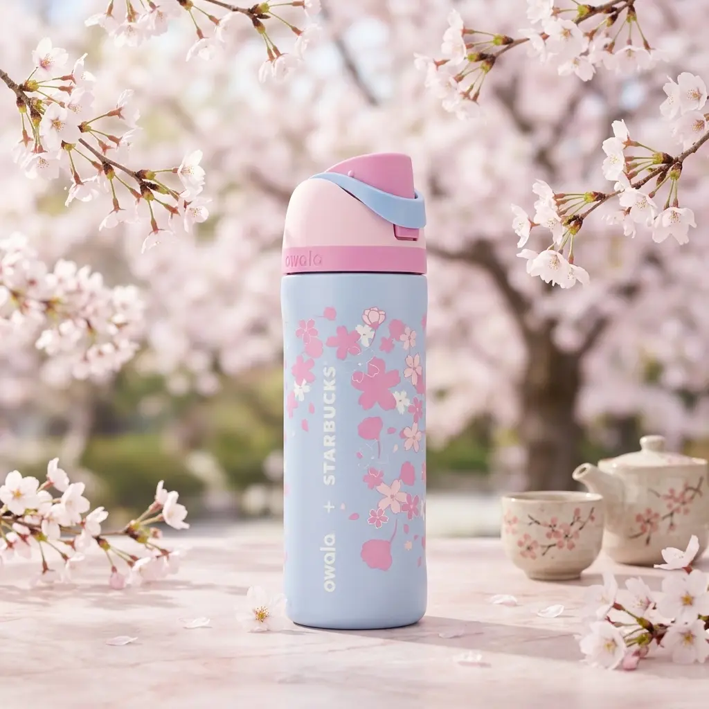 Owala Sakura FreeSip 24oz Thermal Flask, Special Rare Edition Cherry Blossom Pastel Pink Gradient Stainless Steel Gym Sports Bottle