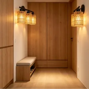 Three-head Woven Bathroom Mirror Vanity Light With A Wooden Frame And Rattan Woven Shade Vintage Rustic Aesthetic Suitable For Bathrooms Foyers And Corridors Available In A Version Without Bulbs That Can Be Paired With Any Type Of Bulb Decorative Lighting