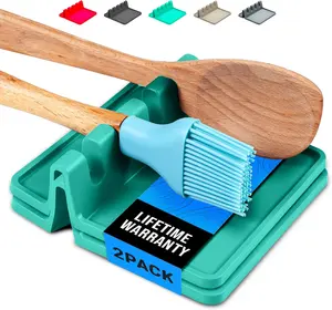 Aqua Green Silicone Spoon Rest for Stove Top with Drip Pad (Two Pack) - Heat-Resistant, BPA-Free Utensil Rest & Spoon Holder for Kitchen Counter - Grill Utensil Holder for Spatulas, Tongs, Ladles Cutlery Tableware