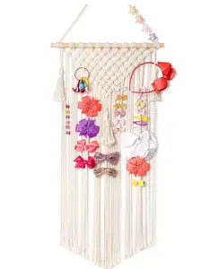 Macrame Hair Bow Holder Hanging Hair Clips Hanger Headband Storage Organizer Fringe Boho Wall Decor Tassels Bow Organizer For Baby Girls Room Ornament Gift,ivory(Clips Not Included)