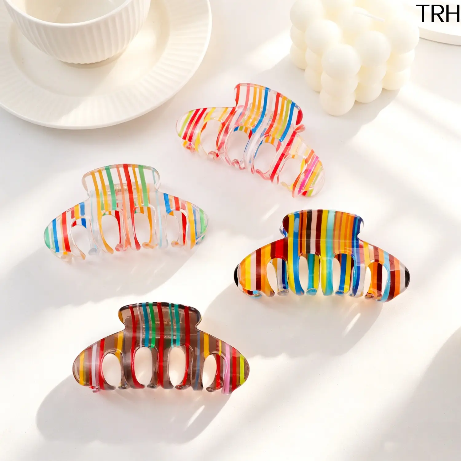 Rainbow Striped Clear Hair Claw Clip for Thick Hair, Colorful Transparent Acrylic Shark Clip with Strong Metal Spring, Dopamine Summer Hair Jaw Barrette for Women Daily Beach Vacation Hairstyle