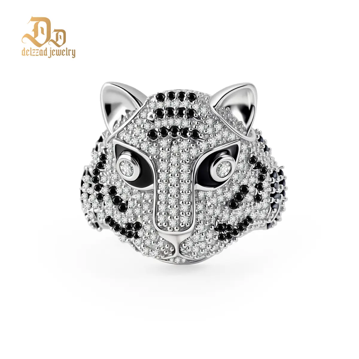 Delzzad 14K Gold-Plated 1.8ct Shadow Panthera Ring VVS Synthetic Moissanite Ring Jewelry Unisex Hip Hop Ring Band Animal Ring Perfect Birthday Engagement Wedding Anniversary Christmas Valentine's Day Gift