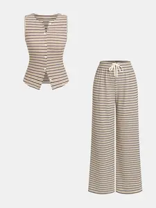 Women's Striped Sleeveless Top Wide Leg Pants Set, Casual Comfortable Breathable Spring Summer, Summer Clothing Set, Matching 2 Piece Outfit Fashion Ensemble