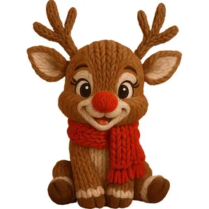 DTF Transfer Yarn Deer C Multi Sizes Custom DIY Material Soft Hand Woven Reindeer Design for Holiday Crafts Durable Cloth with Festive Winter Scarf and Bright Red Nose