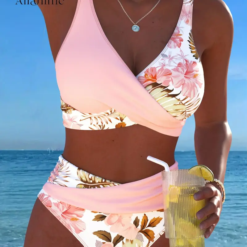 Women's New Cross Front Floral Print Two-Piece Bikini Set for Beach, Pool and Party, Beach Bathing Suit, Floral Print Bikinis, Bikini Set Swimsuit, Floral Print Beachwear