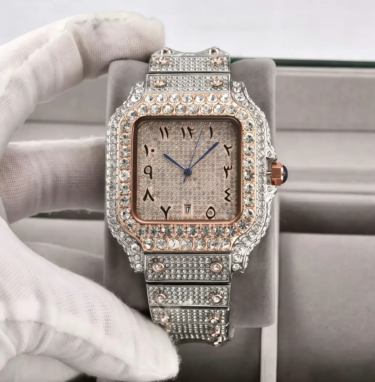 Square Iced-Out Eastern Numeral Diamond Bezel Watch
