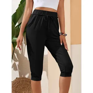 [Allseason Pants] Women's Lightweight Drawstring Capris - Casual Solid Color, Mid-Calf Length with Pockets, Stretchy Polyester Blend, Machine Washable, All-Season Comfort