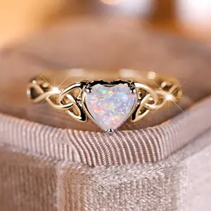 2-Piece Elegant Minimalist Heart-Shaped Opal Ladies Wedding Ring Set - Bridal Engagement Promise Rings, Simple Niche Luxury Jewelry for Valentine's Day & Christmas Gifts Opal Birthstone