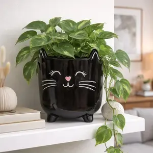 SparkDazzle Black Cat Ceramic Planter Pot for Succulents with Ears & Whiskers - Perfect for Home and Garden