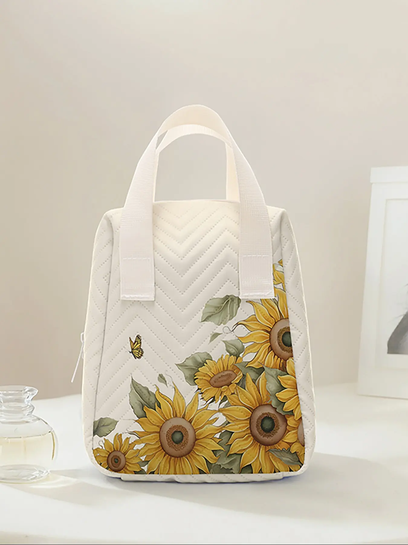 Reusable Sunflower Print Women's Handbag, Cosmetic Storage Bag with Compartments, Makeup Bags, Ideal for School, Work, Travel, Business Trips, Travel Essentials