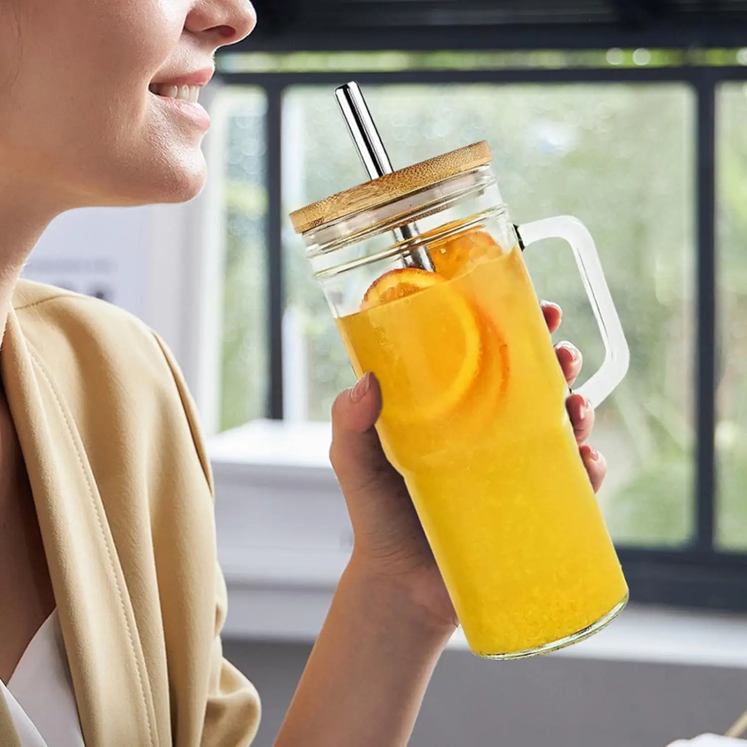 Milk Tea Cup with Bamboo Lid & Straw & Straw Brush, 1 Count Large Capacity Glass Cup with Handle, Drinking Cup for Home Office Outdoor, Kitchen Gadget