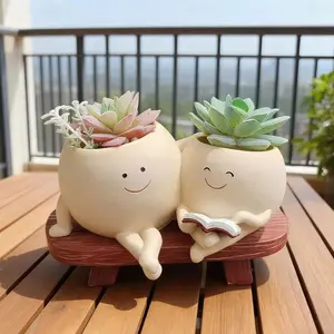 Cute Smiling Face Book Reading Flower Pot, Home Office Succulent Plant Holder, Dual Person Sitting Position Planter, Planter Pots