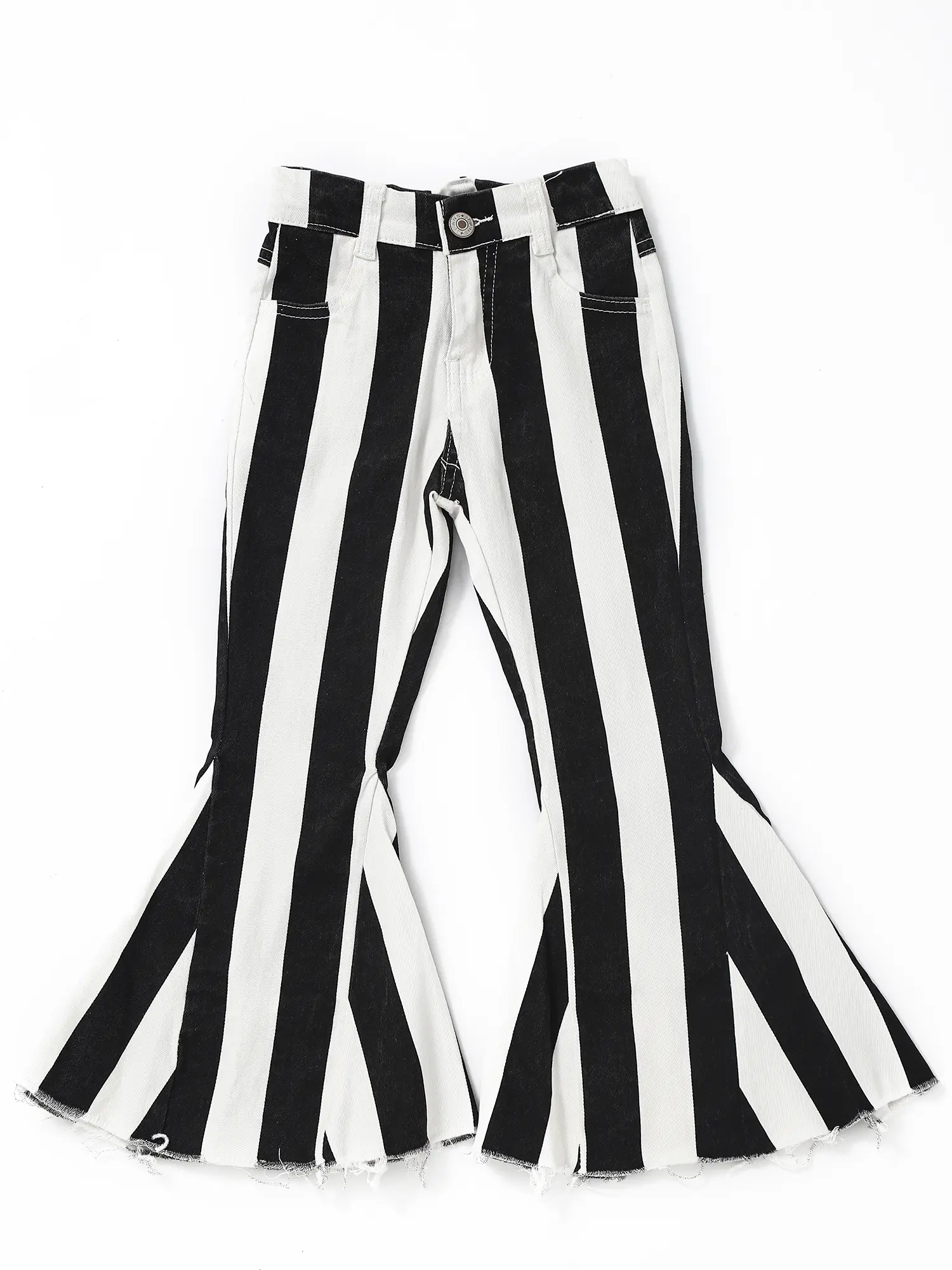 Girls' Jeans - Black and White Striped Bell Bottoms, Stretchy Denim, Affordable & Trendy Fashion for Kids, Sizes 0-14T