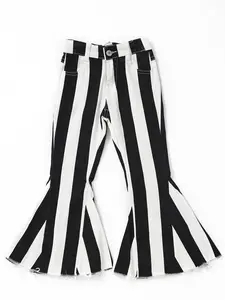 Black and white stripes Print Denim Stretchy Bell bottoms Girls Jeans