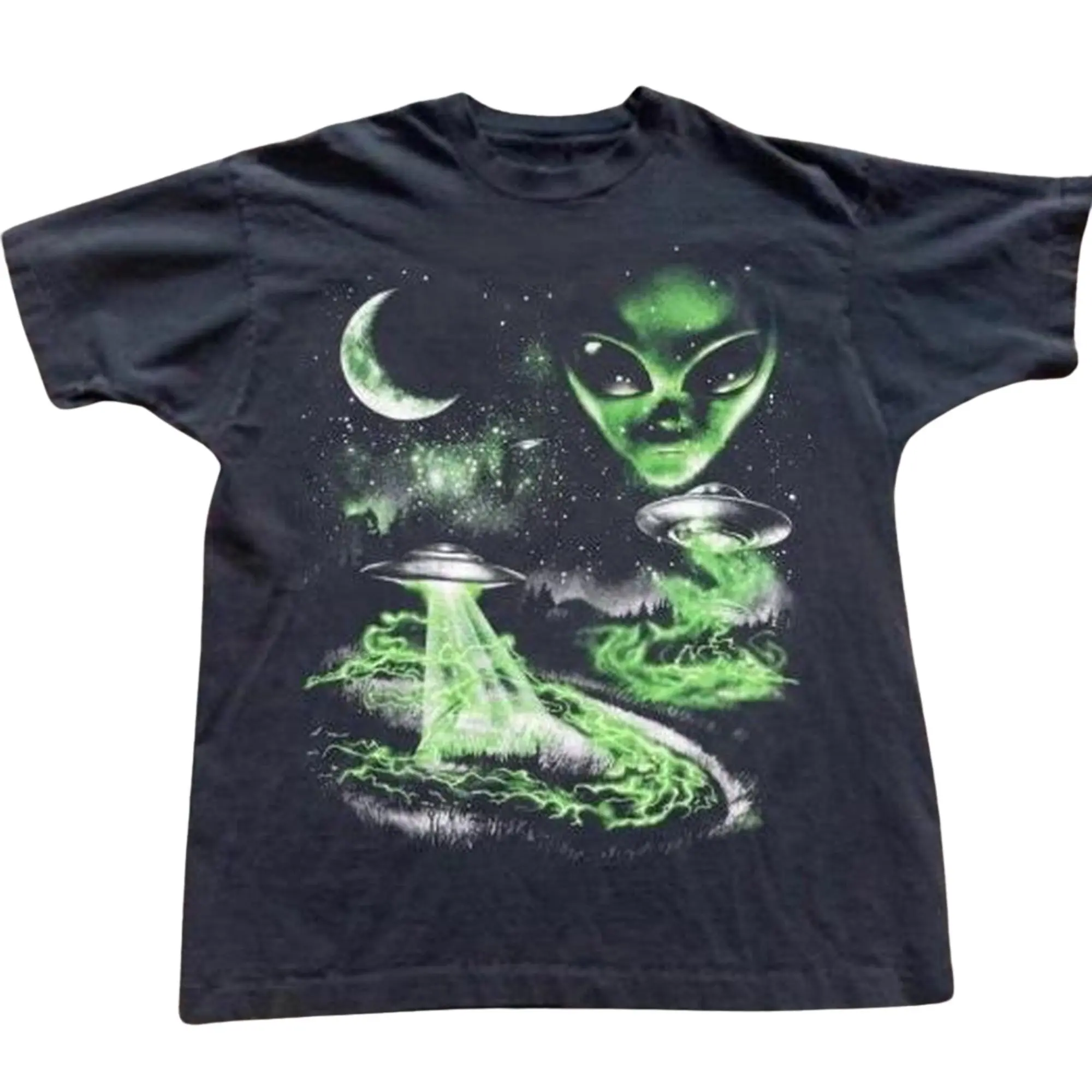Vintage UFO Alien Abduction Cosmic Neon Green T-Shirt, Retro Outer Space Galaxy Crescent Moon Graphic Print, Y2K Nostalgia Apparel, Unisex Black Heavyweight Streetwear Tee, Sci-Fi Gift
