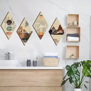 Wooden Wall Decor, 4 Counts/set Geometric Pattern Wall Decor Sign, Artistic Wall Art for Home Spa Bathroom Living Room, Room Decor, Party Decor, Hanging, Abstract Geometric Art