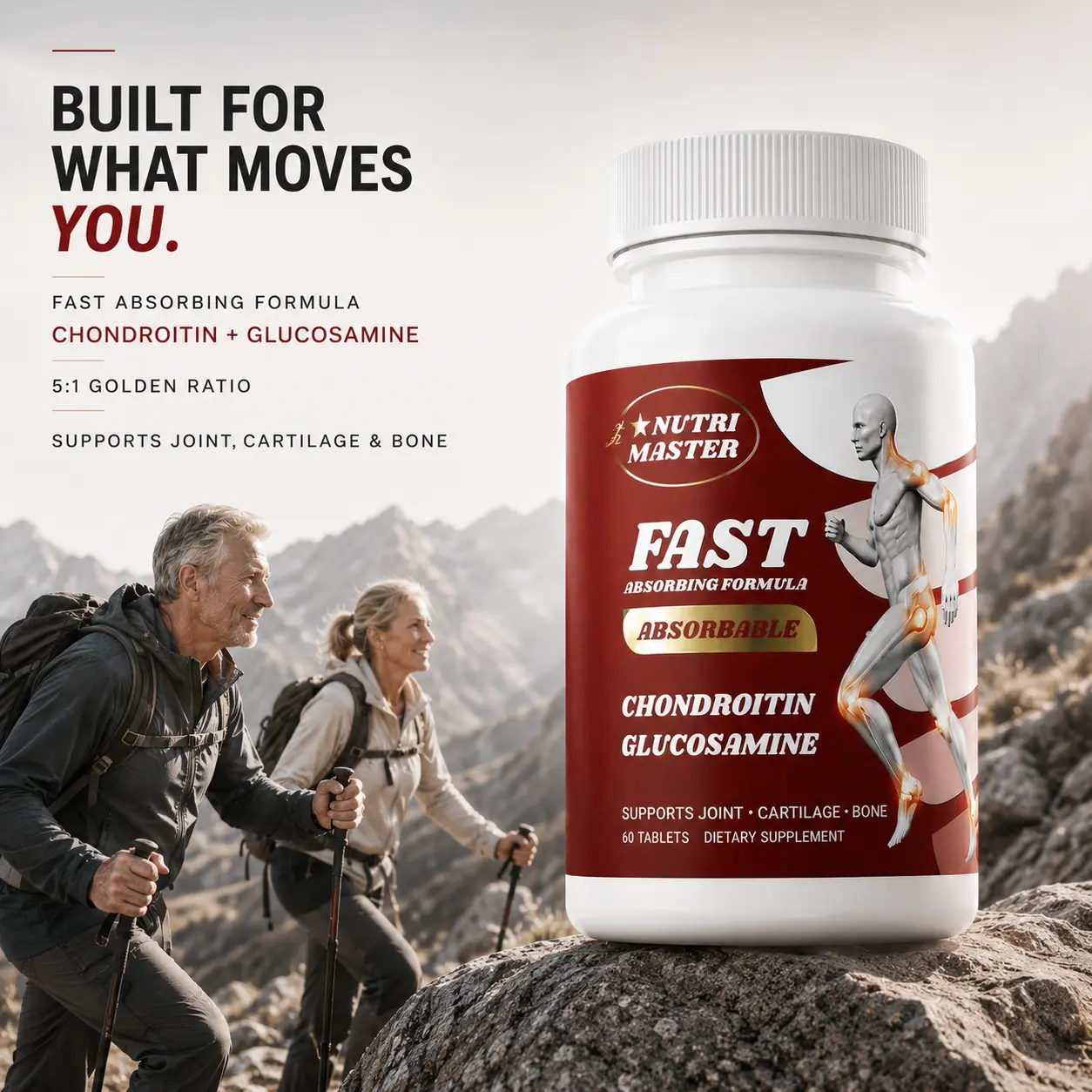 Micro-Molecular Chondroitin & Glucosamine Dietary Tablets - GMP-Certified Supplement, Absorbable, Joint Relief & Knee Mobility Support for Fitness Enthusiasts