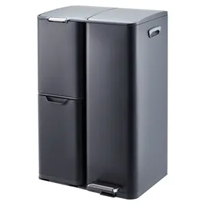 Triple Compartment Kitchen Trash & Recycle Bin - 16 Gallon Stainless Steel Waste Separator - Lid, Foot Pedal, Removable Buckets - Large Capacity - Home, Bathroom, Office