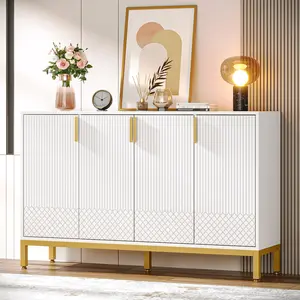 Tribesigns Modern White Storage Cabinet with Gold Metal Base, 59 Inch Console Cabinet, 4 Door Buffet Cabinet for Living Room, Dining Room, and Home Office