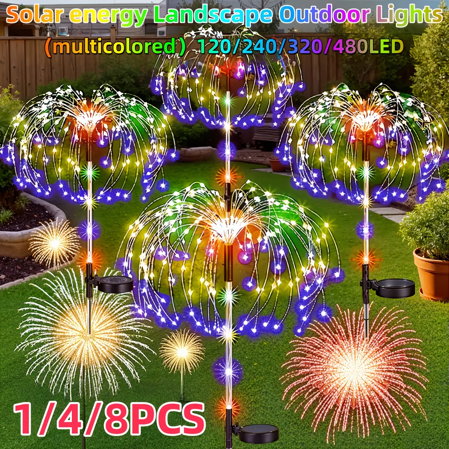 8/4/1pc 480/320/240/120 LED Solar Outdoor Fireworks Light - Colorful, IP65 Outdoor, 8 Lighting Modes, Suitable for DIY Courtyard, Party Wedding, Lawn, Christmas Decoration Lights | Outdoor Solar Garden Lights | Valentine's Day Decoration