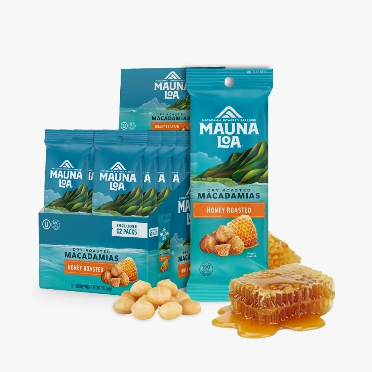 Mauna Loa Honey Roasted Macadamia Nuts, 12 Pack of 1 oz Single Serve Snack Bags, Gluten Free, Sweet & Crunchy Hawaiian Snack