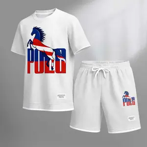 Men's Horse P Sport Print Drawstring Shorts Set For Spring/Summer. A Casual Summer Outfit, Including A Short-Sleeved Shirt And Shorts, Suitable For Everyday Wear And Sports. A Two-Piece Set For A Relaxed And Energetic Lifestyle.