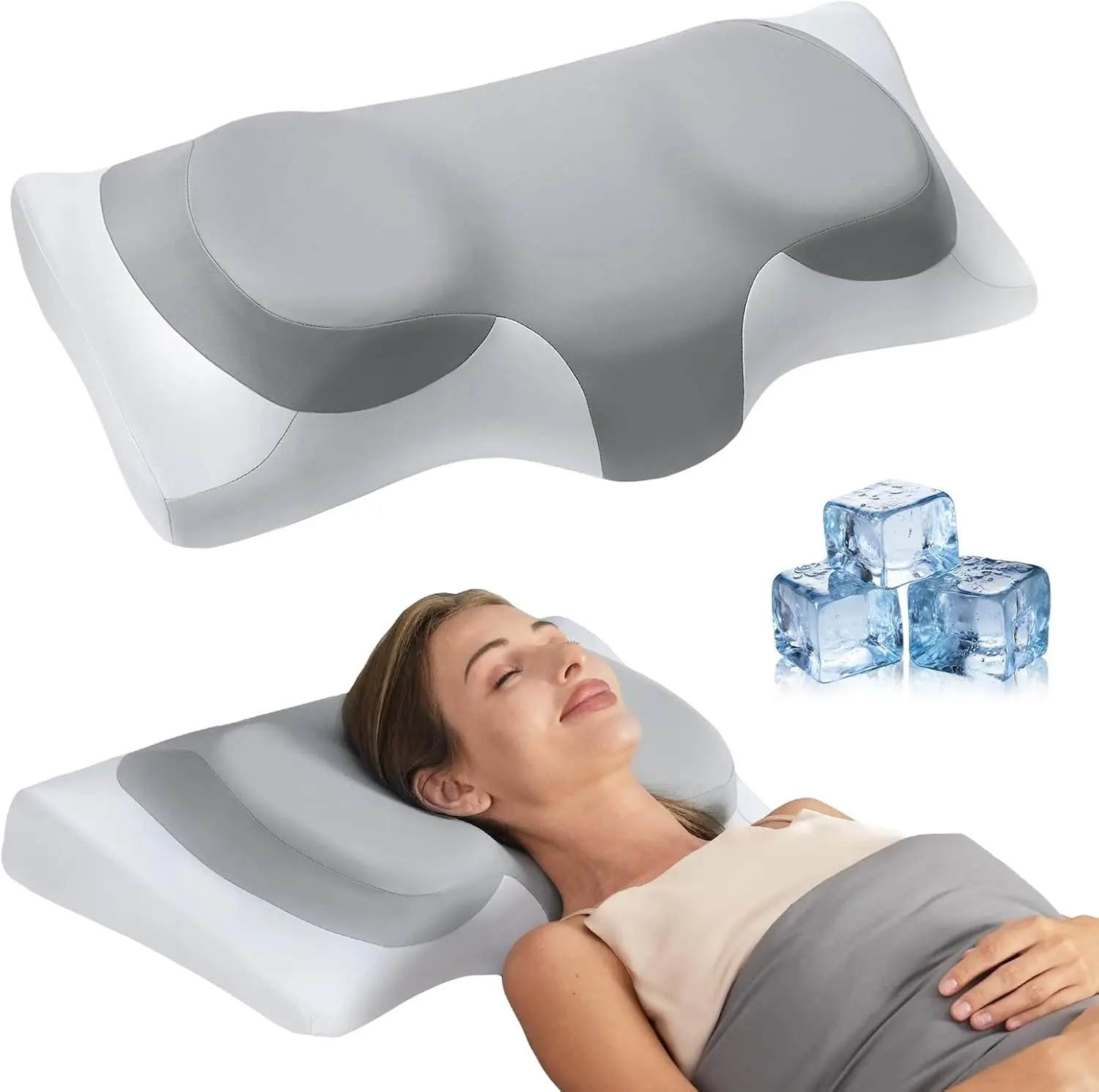 Cooling Gel Memory Foam Neck Pillow, Dual-Layer Contour Support Pillow, Adjustable Ergonomic Bed Pillow for Side, Back and Stomach Sleepers