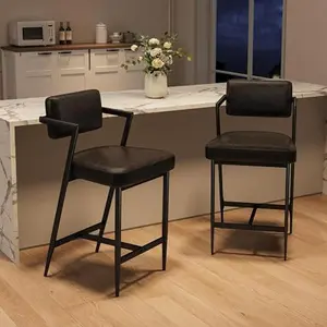 2 Bar Stools, 27" Counter, Cushioned PU Leather Seats, Armrests, Back, Footrest