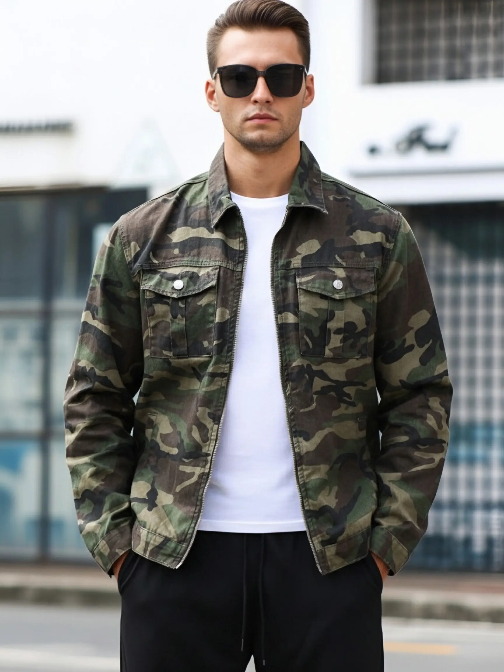 Y110 Men Streetwear Camouflage Print Lapel Zip‑Up Denim Jacket