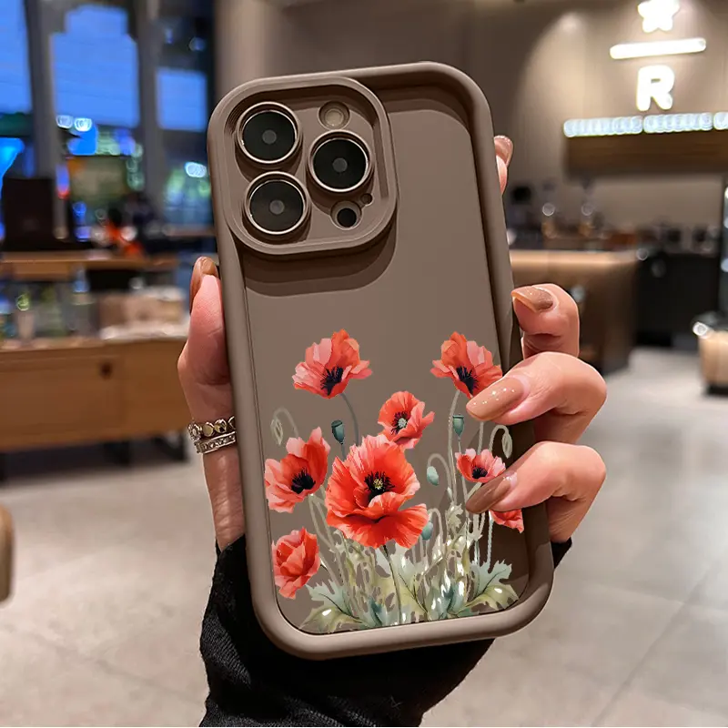 Elegant Red Poppy Pattern TPU Phone Case for iPhone 16 15 14 Pro Max 13 12 11 XR XS Plus E Shockproof Drop Protection Rugged Durable Silicone Cover Cellphone Protective Smartphone Casing