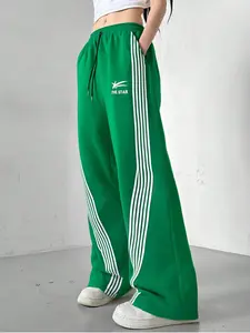 Women's Casual Striped Wide Leg Pants, Drawstring Waist, Colorblock Design, Fitted Long Regular Fit, All Season Wear, Womenswear