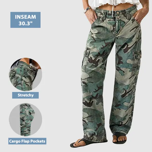 Flamingals Camo Print Flap Pocket Mid Waist Straight Leg Cargo Pants Stretchy 30.3'' Inseam Flamingals Camo Print Flap Pocket Mid Waist Straight Leg Cargo Pants Stretchy 30.3'' Inseam