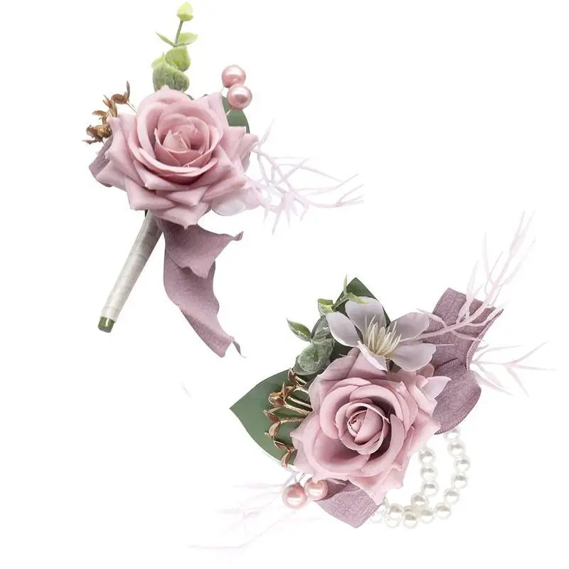 1 Wrist Corsage & 1 Boutonniere Dusty Pi