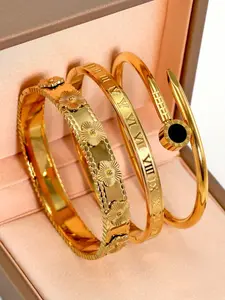 3-piece set of 304 stainless steel floral bracelets, suitable for women's daily wear, classic floral and Roman numeral rivet design, waterproof, European and American style, Elegant Bangle, casual wedding party Valentine's Day gift