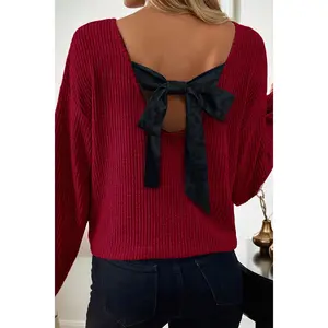 Bow Back Ribbed Knit V-Neck Drop Shoulder Top