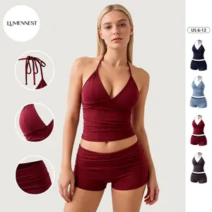 LUMENNEST Women's Sporty Adjustable Halter Stretch Cropped Camisole & Folded Waist Shorts Co-ord, Workout Backless Solid Color Tracksuit, Chic Two Piece Outfits