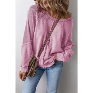 Pink Waffle Knit Patchwork Exposed Seam Raglan Sweatshirt