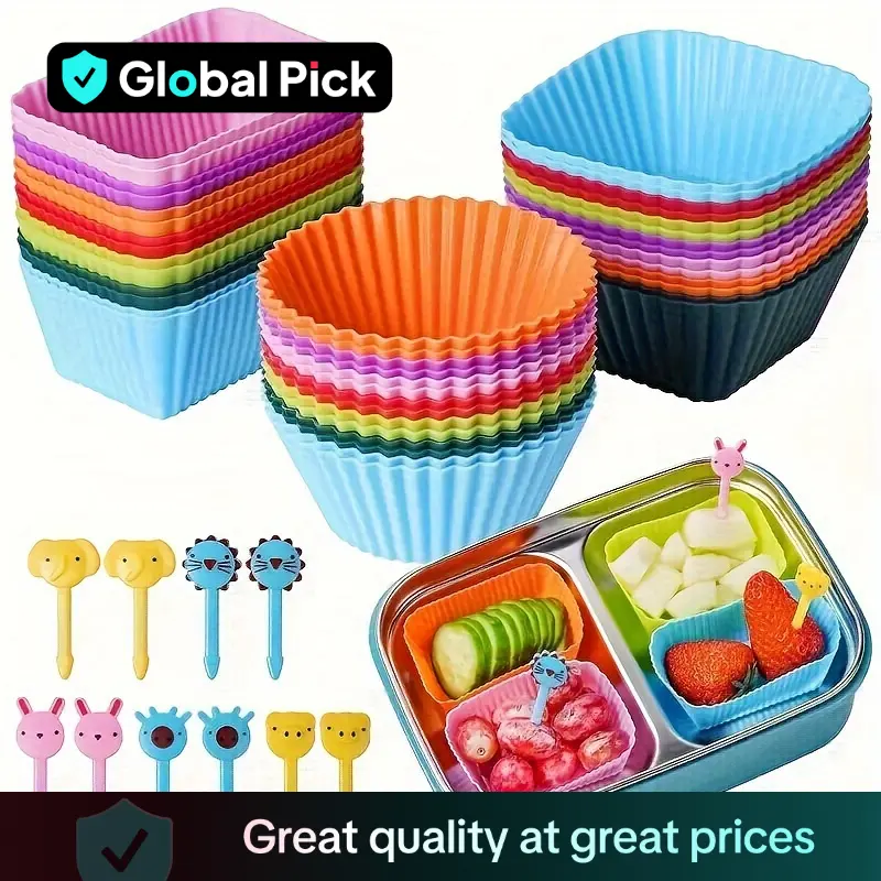 Silicone Muffin Cups & Fruit Forks without Lunch Box, 40pcs/set Lunch Box Dividers, Durable, Reusable Baking Tools, Suitable for Home Party Camping Pi