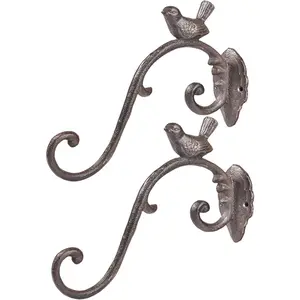 Cast Iron  Hanger Wall Hooks, Heavy Duty Hanging Basket Brackets, Lovely Bird Shape & 10 inch & 2 count Brown, Decorative Wall Hangers for Planters Lanterns Bird Feeders Houses Wind Chimes