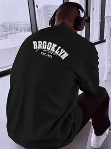 Trendy Street Style Men's Brooklyn Year Print Round Neck Long Sleeve Top, Casual Geometric Pattern, Fitted H-Type, No Zipper
