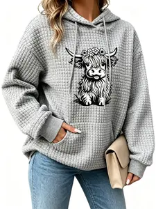 Women's Highland Cow Sweatshirt Cute Animal Graphic Waffle Knit Hoodie,Farm Pullover Country Western Casual Long Sleeve Shirts Tops