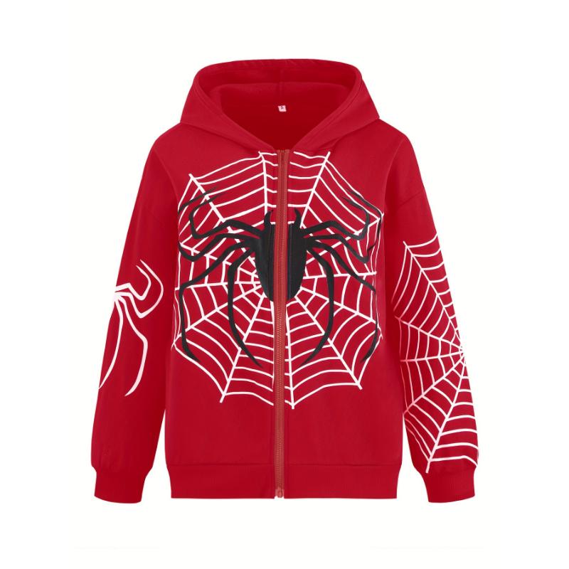 Women's Y2K Spider Web Print Zip-Up Hoodie Jacket - Vibrant Red Geometric Pattern, Long Sleeve Machine Washable Fall Casual Streetwear, Spider Hoodie, Seasonal Clothing, Bold Design, Quality Stitching, Statement Piece, Fashion Enthusiasts