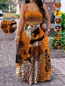 Plus Size Women's African Print Halter Long Dress, 6 Colors Available, Loose Fit, Pocket Design, Casual Vacation Wear, Street Style, Chic